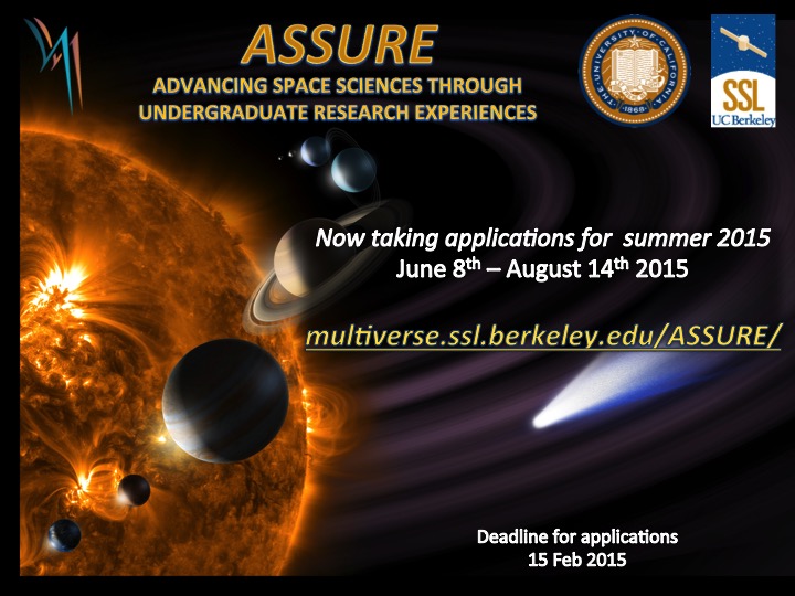 ASSURE 2015 flier. Application is open at multiverse.ssl.berkeley.edu/ASSURE/   Deadline is February 15th, 2015