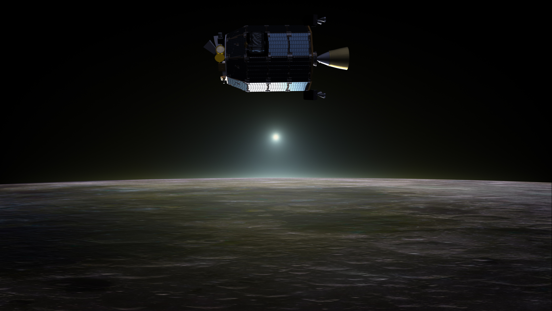 Artist’s concept of NASA's Lunar Atmosphere and Dust Environment Explorer (LADEE) spacecraft in orbit above the moon. Credits: NASA Ames / Dana Berry