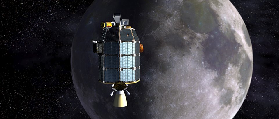 Artist’s concept of NASA's Lunar Atmosphere and Dust Environment Explorer (LADEE) spacecraft in orbit above the moon. Credits: NASA Ames / Dana Berry