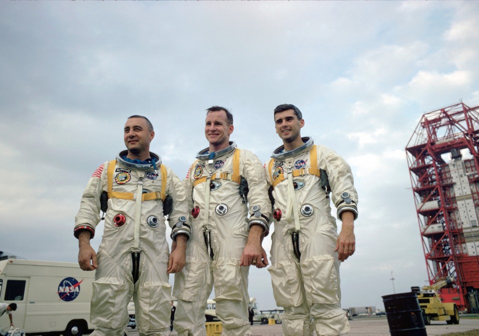 The crew of Apollo 1 poses for a photo before mission. Astronaut Roger Chaffee of Grand Rapids was killed during a pre-launch test for Apollo 1. (NASA image)