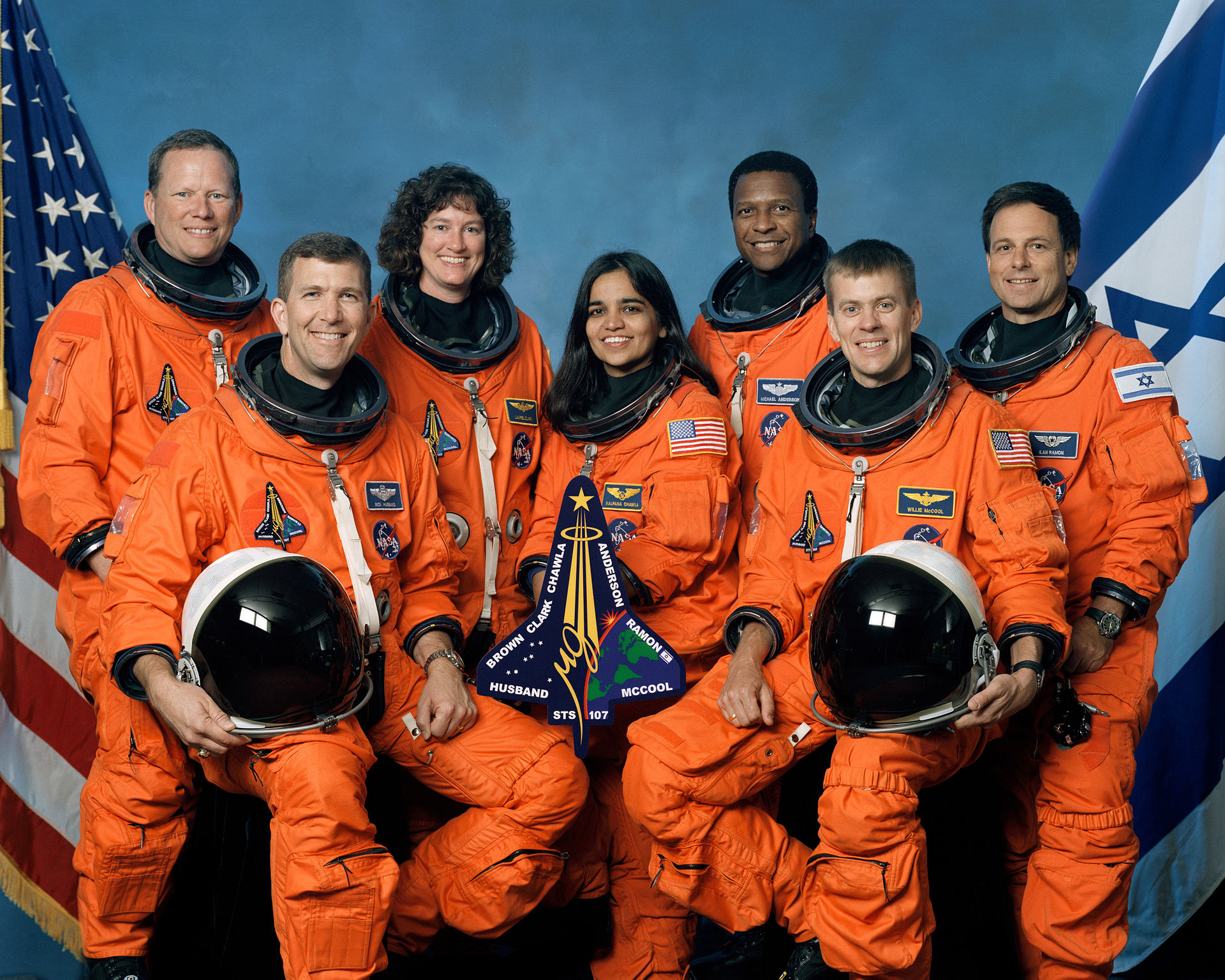 The crew of STS-107 in October 2001. From left to right: Brown, Husband, Clark, Chawla, Anderson, McCool, Ramon