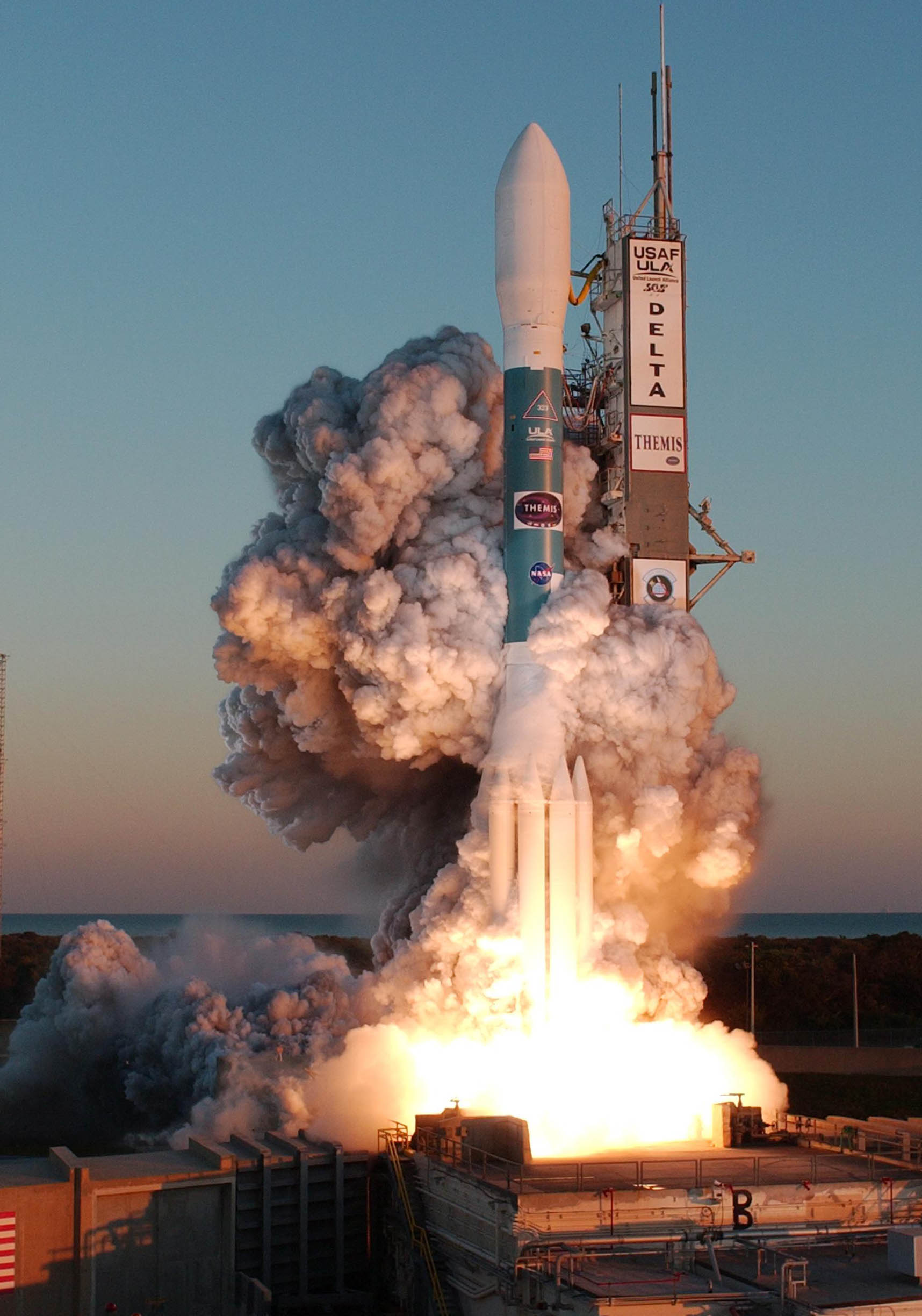 The 45th Space Wing here supported the Feb. 17 launch of a Delta II booster carrying five National Aeronautics and Space Administration probes on a mission called THEMIS, which will study auroral substorms, an avalanche of magnetic energy powered by the solar wind that intensifies the northern and southern lights. (Courtesy photo)