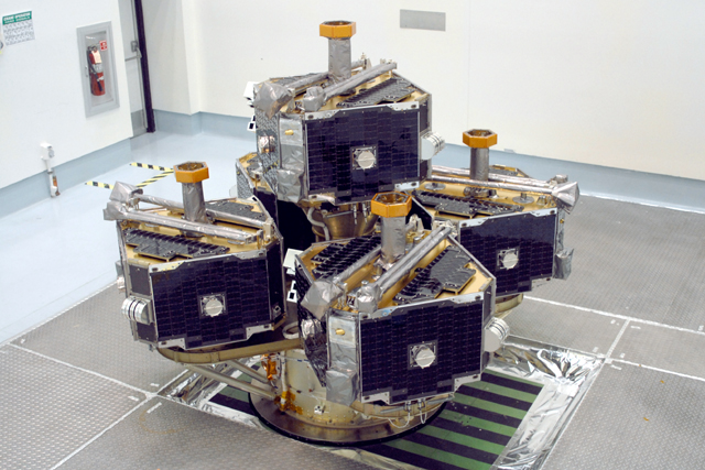 The five THEMIS probes atop their probe carrier in the Astrotech cleanroom