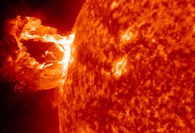 An eruption from the sun on April 16, 2012, was captured here by NASA’s Solar Dynamics Observatory. Credit: NASA
