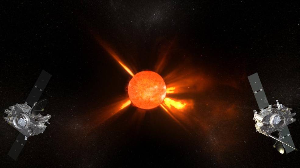 the sun is in the middle of the image, one satelite on the right and one on the left sides of the image, both aimed at the sun. there are solar flares coming from the sun on all sides.