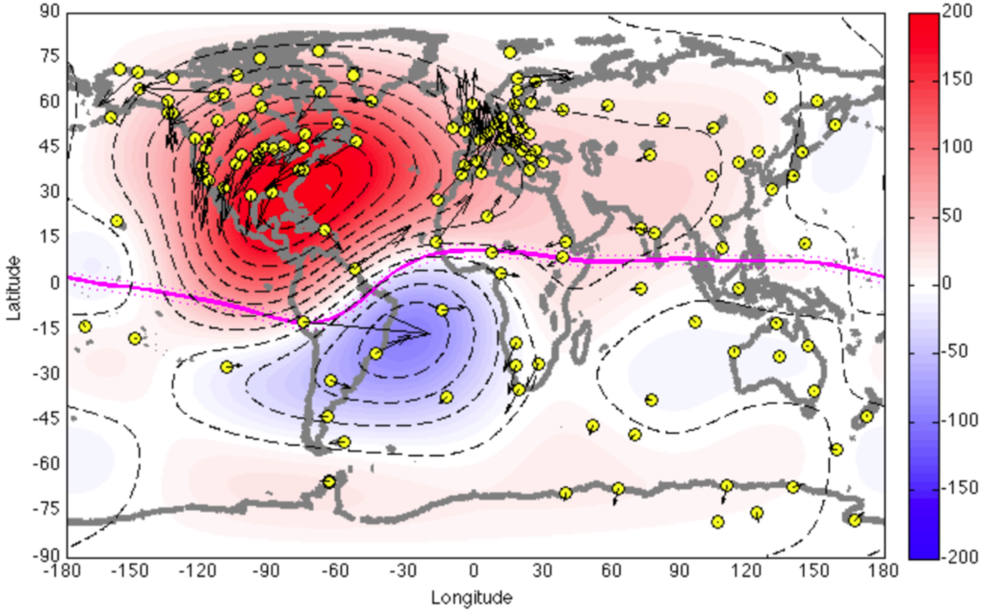 map of earth with red and blue blobs