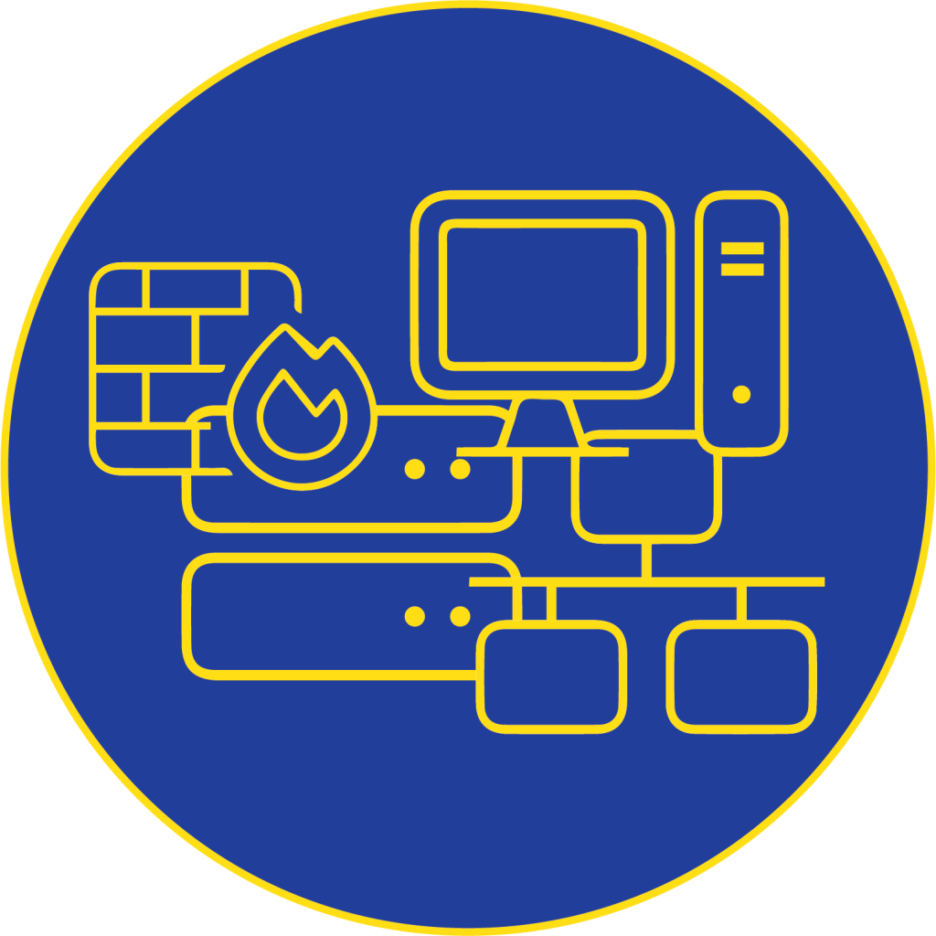 information tech logo, yellow computer and IT related line art on a blue background