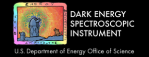 The Dark Energy Spectroscopic Instrument (DESI) logo drawing of a telescope, around the four corners of the image includes the title of the project, image shows a howling dog or coyote.