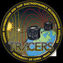 TRACERS project logo, round drawing showing two satellites over the earth, with red and yellow lines indicating orbit, the sun in the far left upper corner.