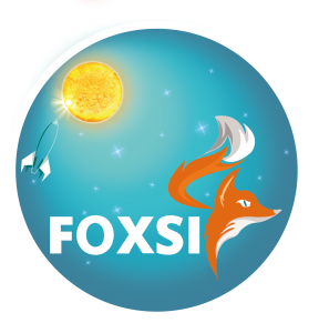 Logo for the FOXI project, blue green circle with sun in upper left corner and a cartoon fox on the lower right