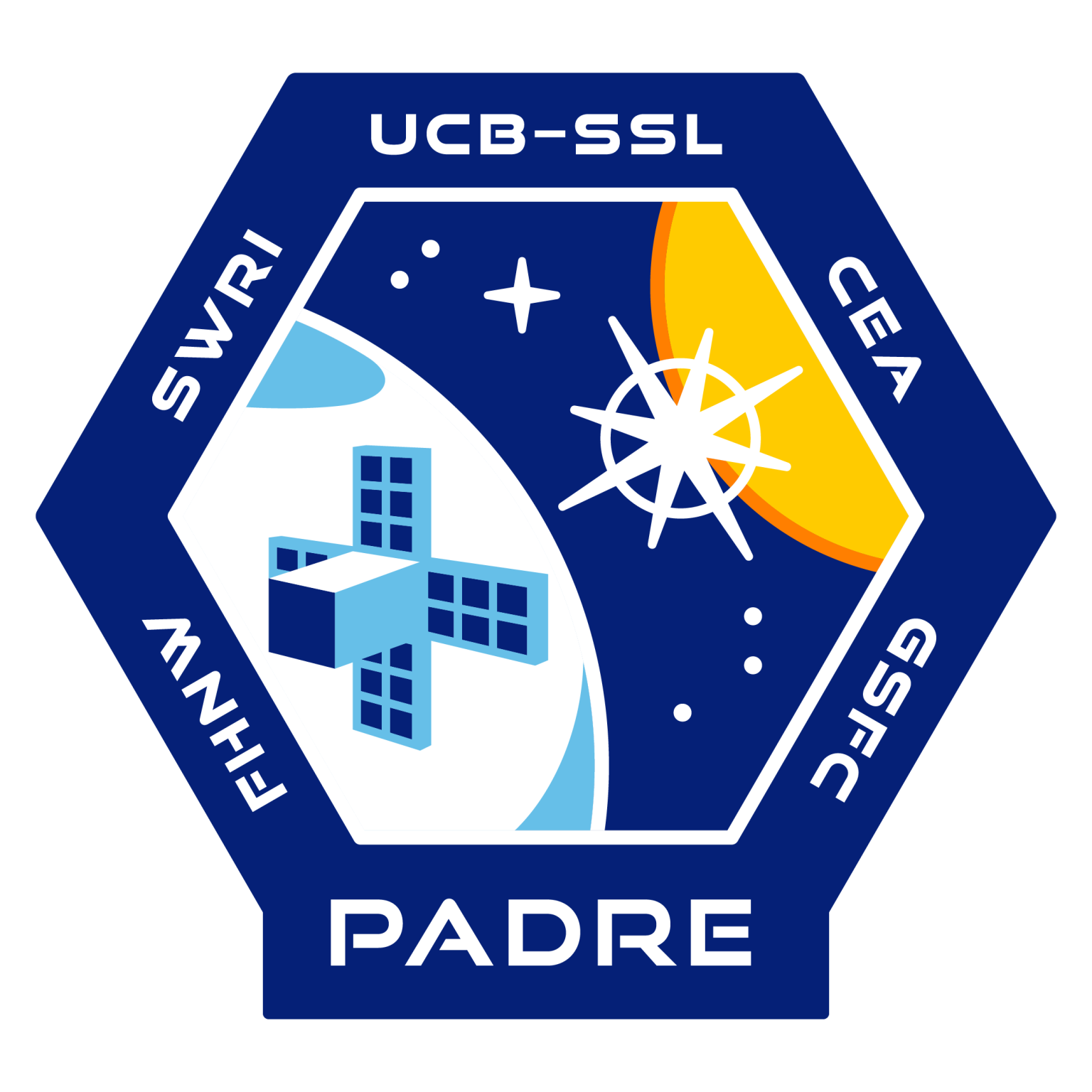 Logo for the PADRE project, 6 sided image in blue on each edge includes the acronym of the partners included, image inside is a drawing of the sun in the upper right, earth lower left with a satellite and stars.