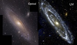 two different images of a spiral galaxy, one is much brighter