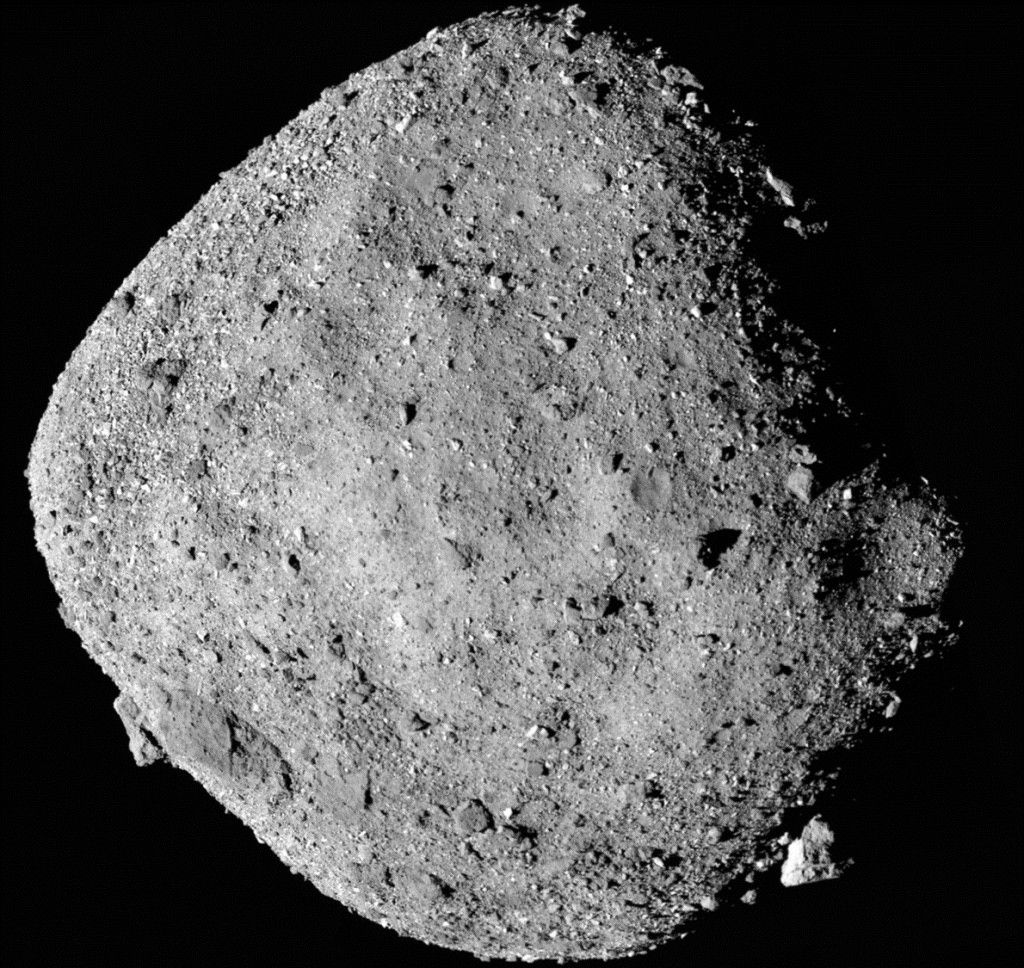 This mosaic image of asteroid Bennu is composed of 12 PolyCam images collected on Dec. 2 by the OSIRIS-REx spacecraft from a range of 15 miles (24 kilometers). The image was obtained at a 50° phase angle between the spacecraft, asteroid and the Sun, and in it, Bennu spans approximately 1,500 pixels in the camera’s field of view. (Credit: NASA/Goddard/University of Arizona)