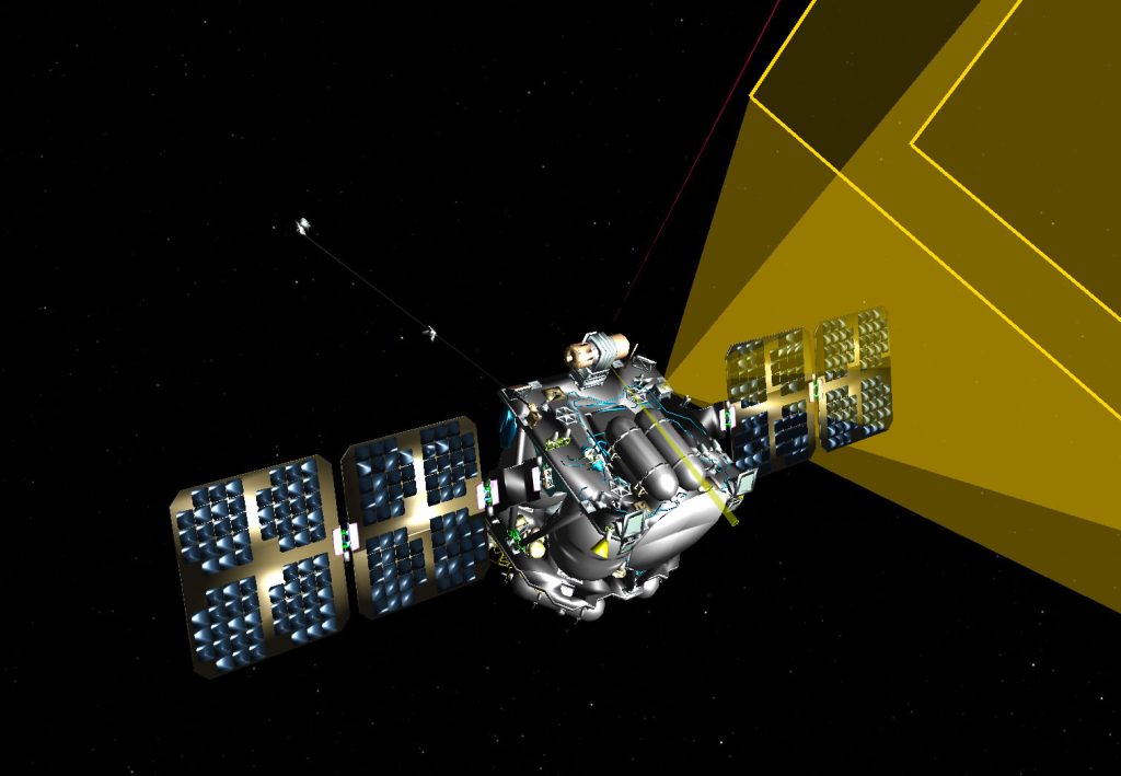 3D render of Gold spacecraft showing field of view for VISIONS camera.