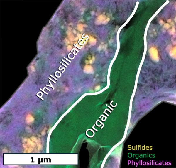 The N-rich organic phase (green) is shown sandwiched between two regions of phyllosilicate (purple) and sulfide (yellow). (Edit: Sandford/Gainsforth)